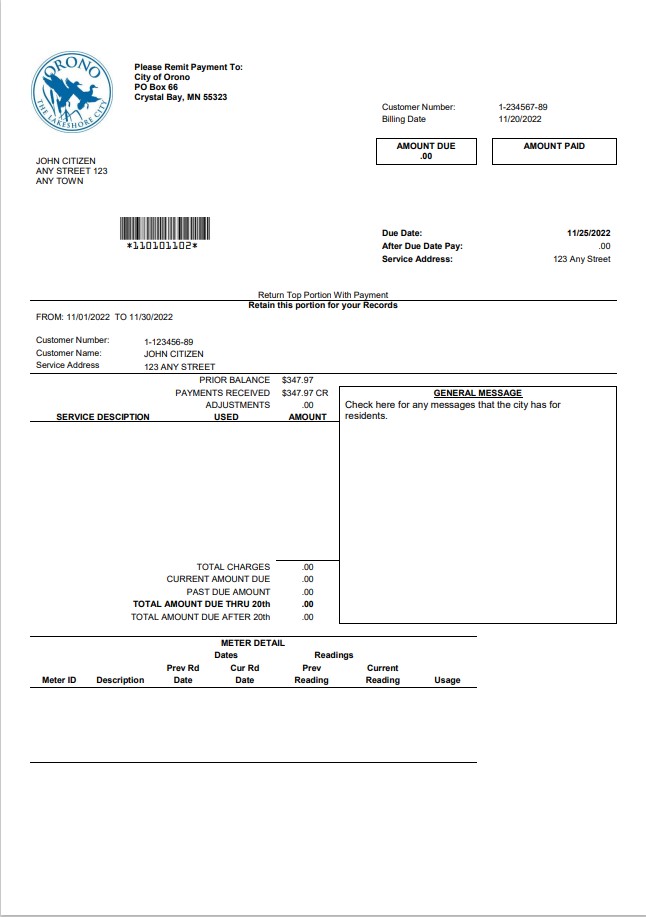 USA Nevada Orono The Lakehore City utility bill template in Word and PDF format